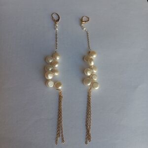 Stamped 14K GF White Flat Pearl & Chain Long Drop Earrings Dainty  Coquette